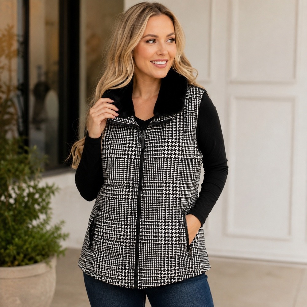 Calvin Klein Womens Houndstooth Puffer Vest Faux Fur Collar Black White M